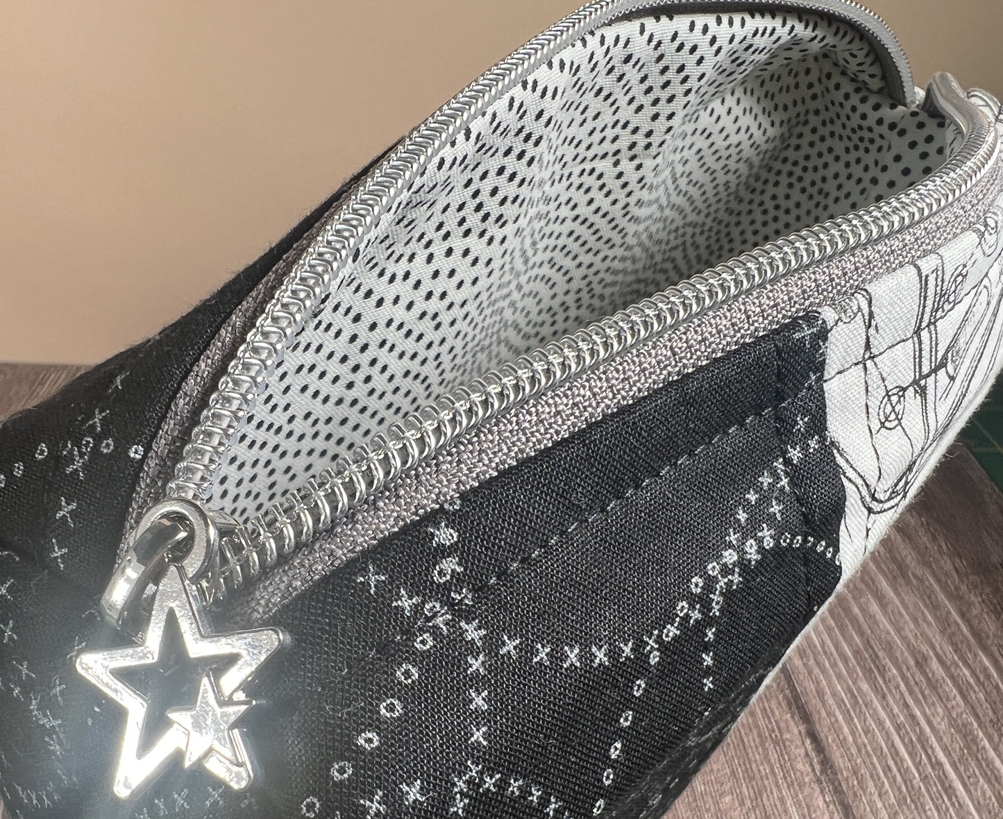 Handmade Structured Box Zipper Bag with Handle | Makeup, Toiletry & Pencil Case In B&W Movie Time