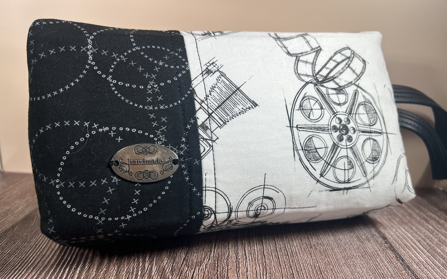 Handmade Structured Box Zipper Bag with Handle | Makeup, Toiletry & Pencil Case In B&W Movie Time