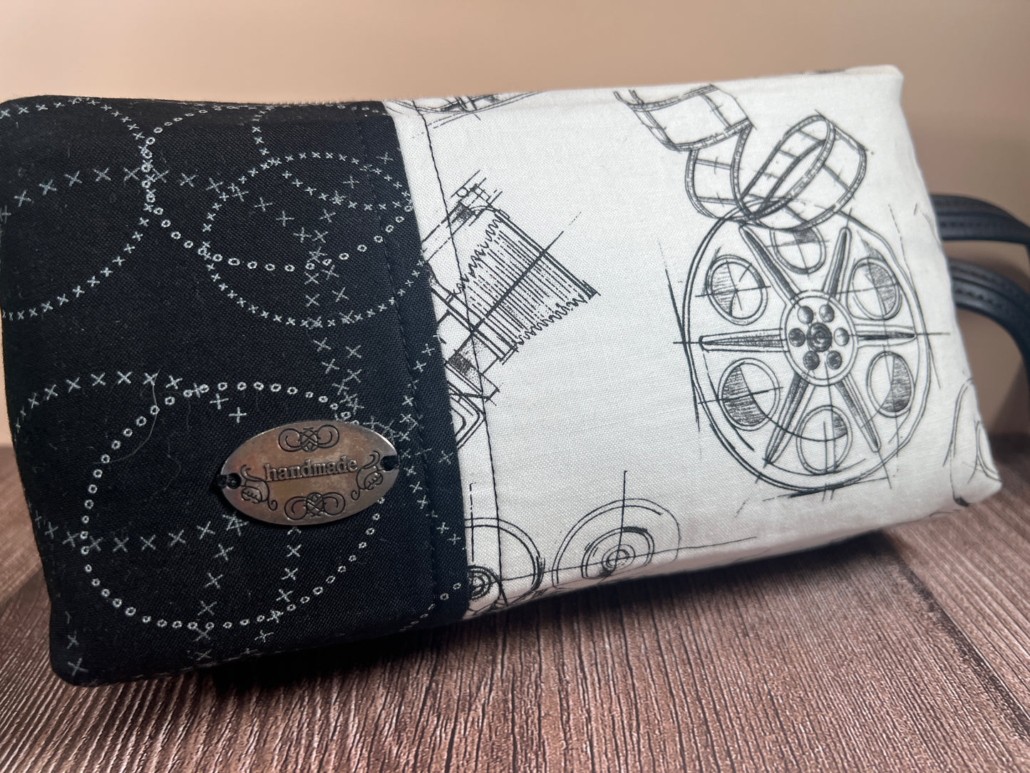 Handmade Structured Box Zipper Bag with Handle | Makeup, Toiletry & Pencil Case In B&W Movie Time
