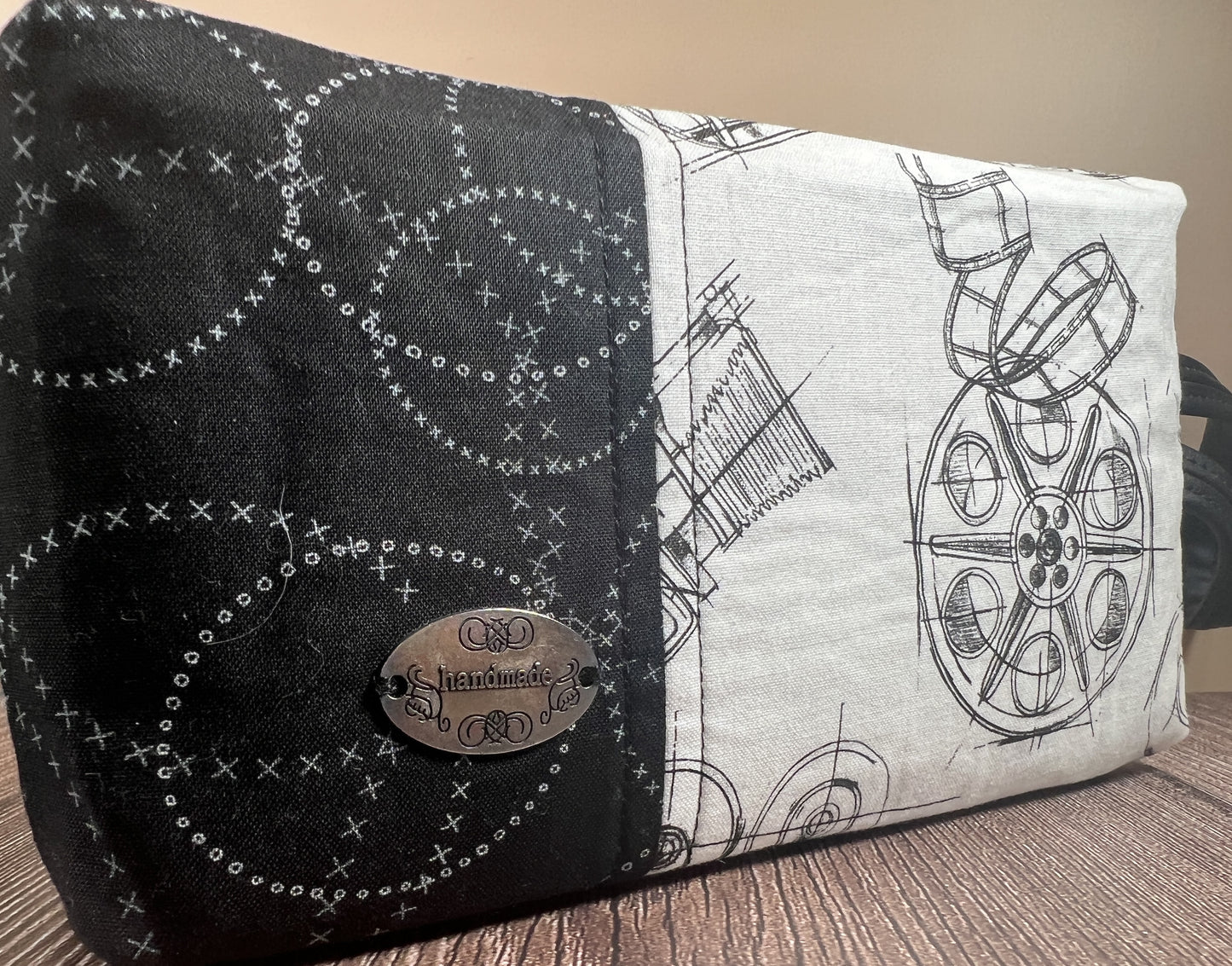 Handmade Structured Box Zipper Bag with Handle | Makeup, Toiletry & Pencil Case In B&W Movie Time