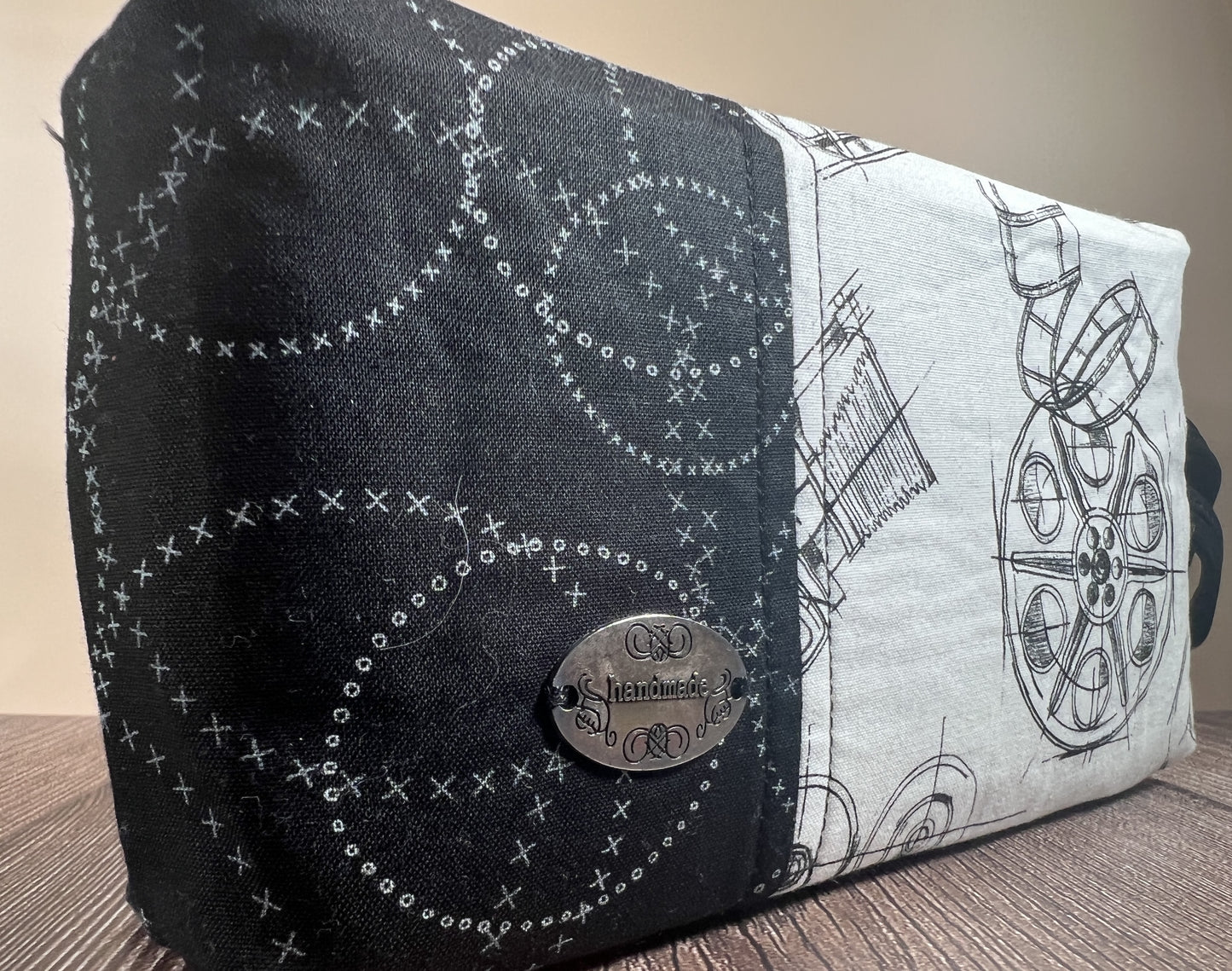 Handmade Structured Box Zipper Bag with Handle | Makeup, Toiletry & Pencil Case In B&W Movie Time
