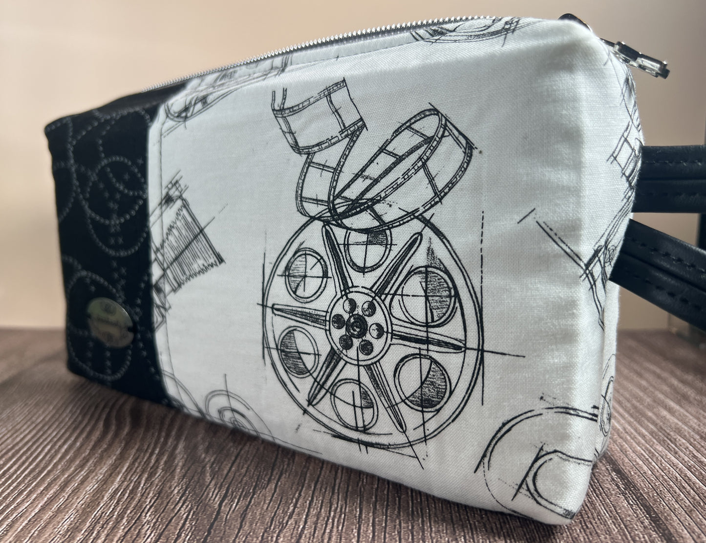 Handmade Structured Box Zipper Bag with Handle | Makeup, Toiletry & Pencil Case In B&W Movie Time