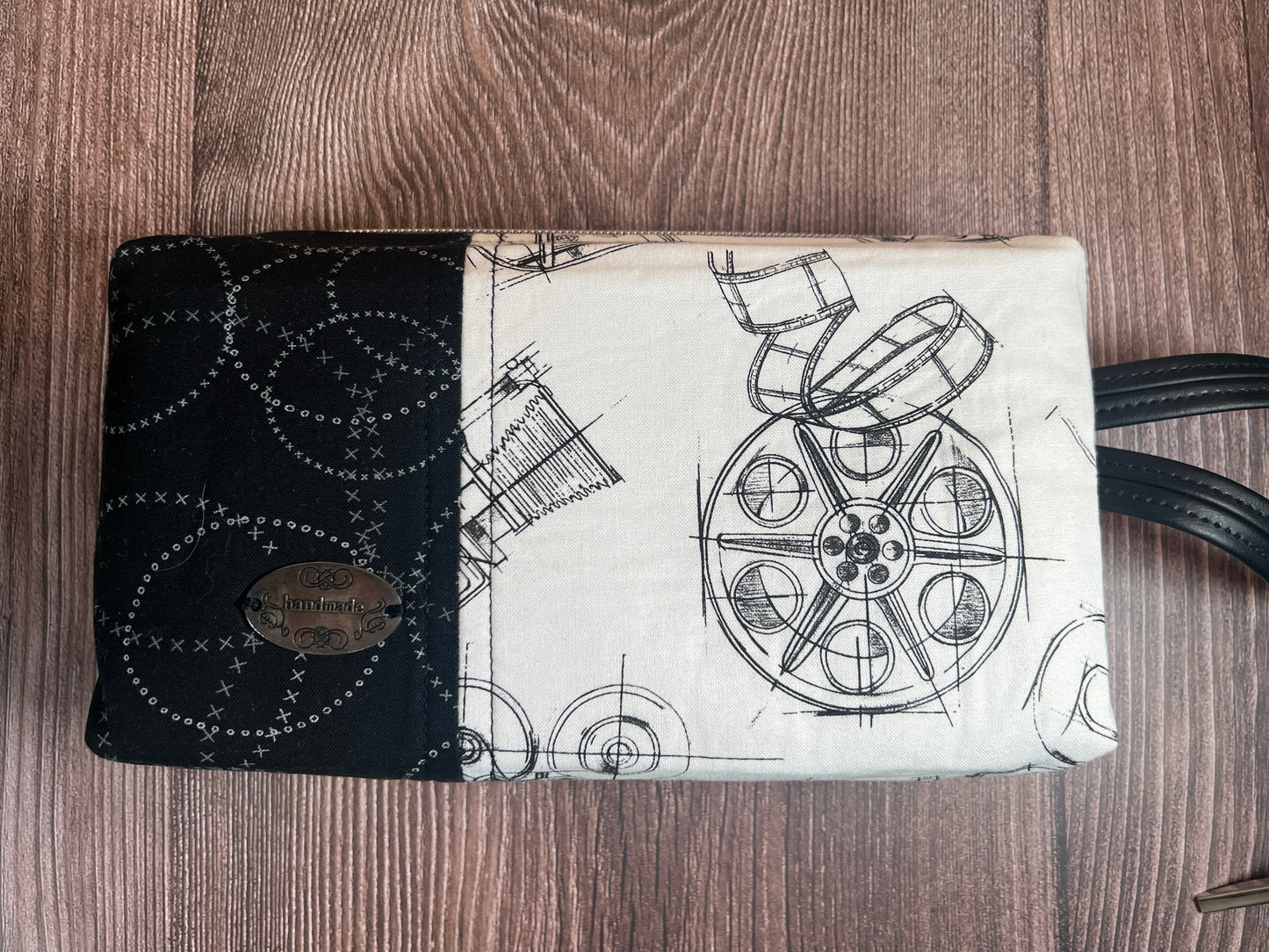 Handmade Structured Box Zipper Bag with Handle | Makeup, Toiletry & Pencil Case In B&W Movie Time