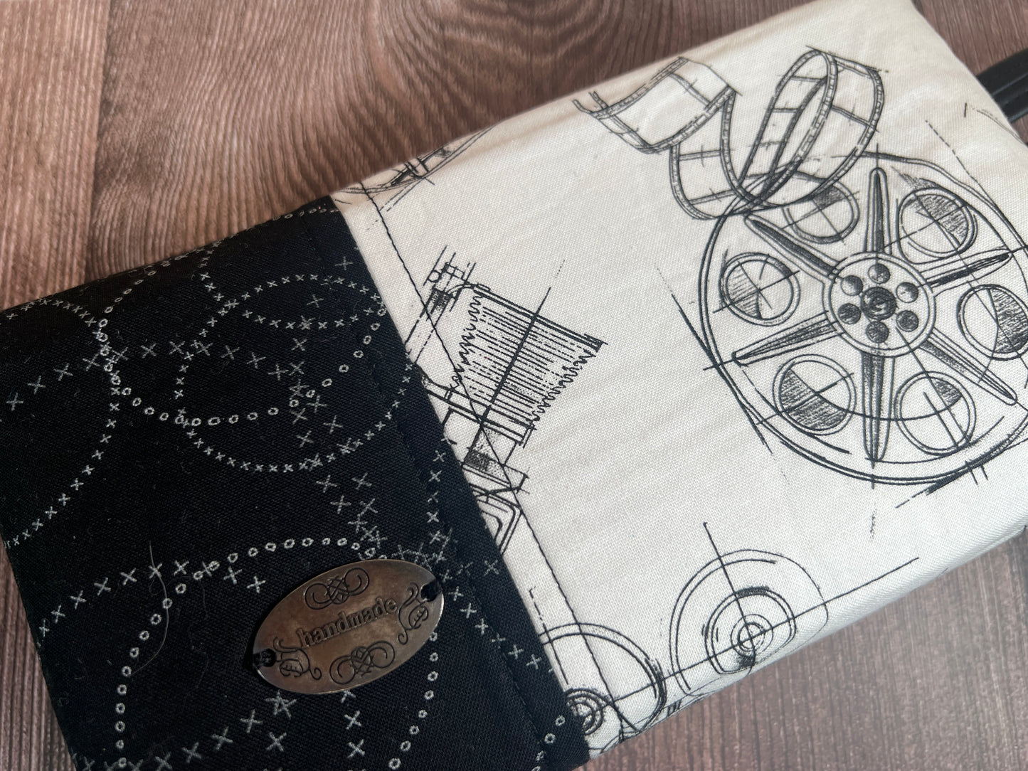 Handmade Structured Box Zipper Bag with Handle | Makeup, Toiletry & Pencil Case In B&W Movie Time