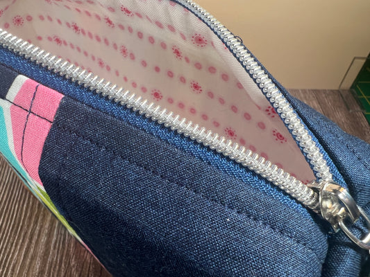 Handmade Structured Box Zipper Bag with Handle | Makeup, Toiletry & Pencil Case In Colourful Tumbling Block