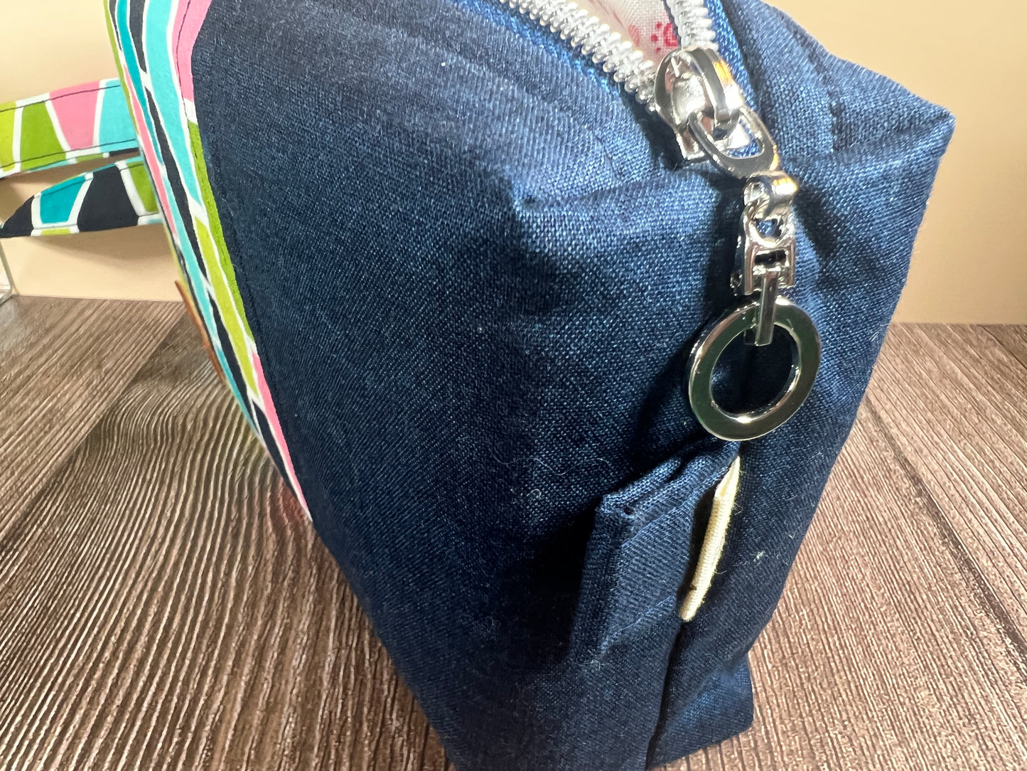 Handmade Structured Box Zipper Bag with Handle | Makeup, Toiletry & Pencil Case In Colourful Tumbling Block