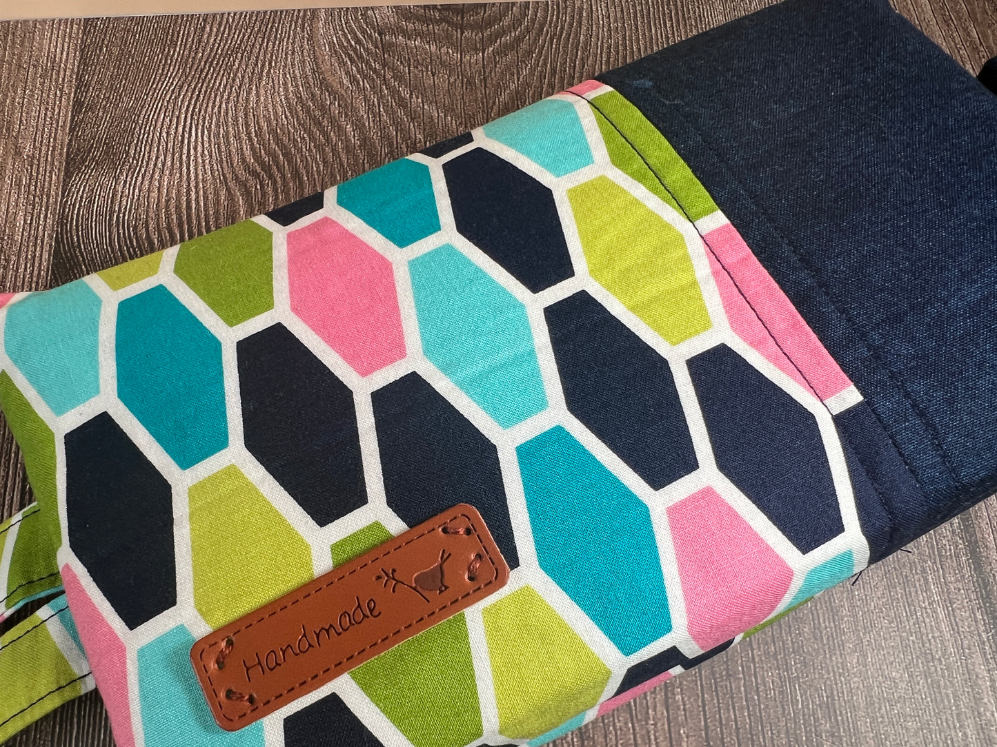 Handmade Structured Box Zipper Bag with Handle | Makeup, Toiletry & Pencil Case In Colourful Tumbling Block