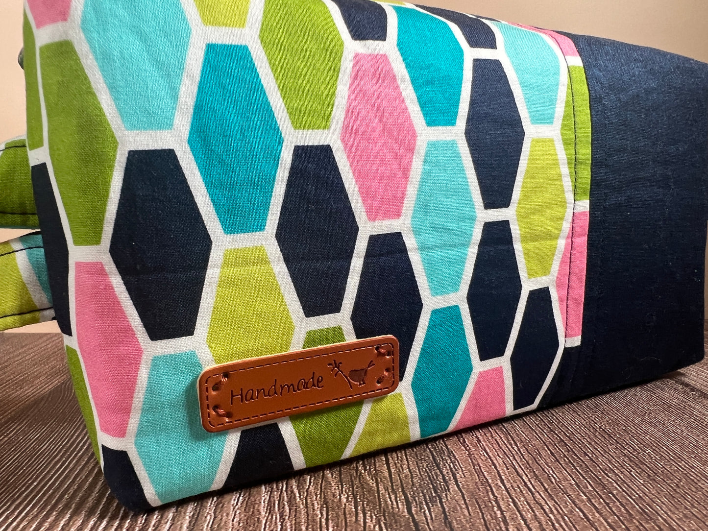 Handmade Structured Box Zipper Bag with Handle | Makeup, Toiletry & Pencil Case In Colourful Tumbling Block