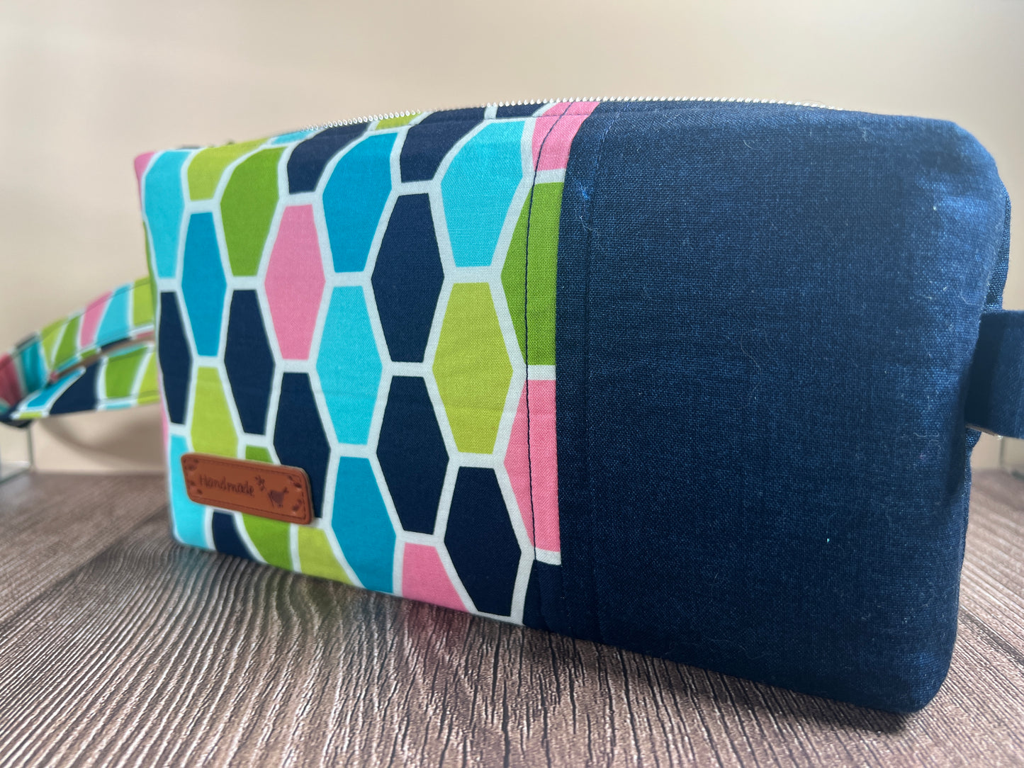 Handmade Structured Box Zipper Bag with Handle | Makeup, Toiletry & Pencil Case In Colourful Tumbling Block