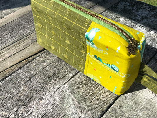 Handmade Structured Box Zipper Bag with Handle | Makeup, Toiletry & Pencil Case in Olive Green w/ Otters
