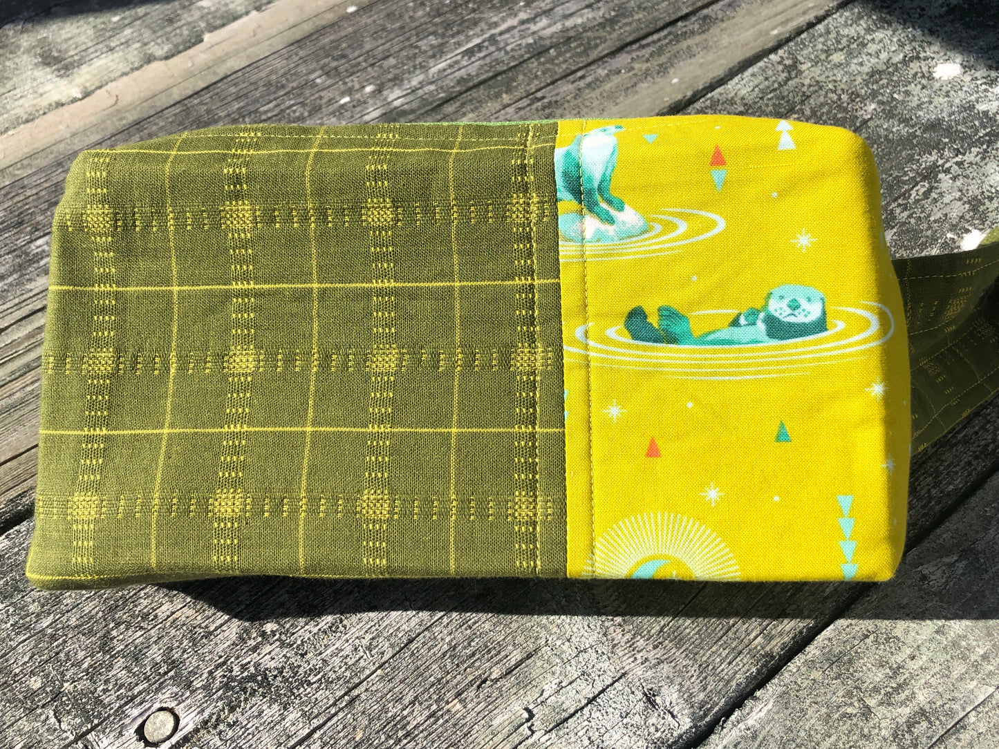 Handmade Structured Box Zipper Bag with Handle | Makeup, Toiletry & Pencil Case in Olive Green w/ Otters