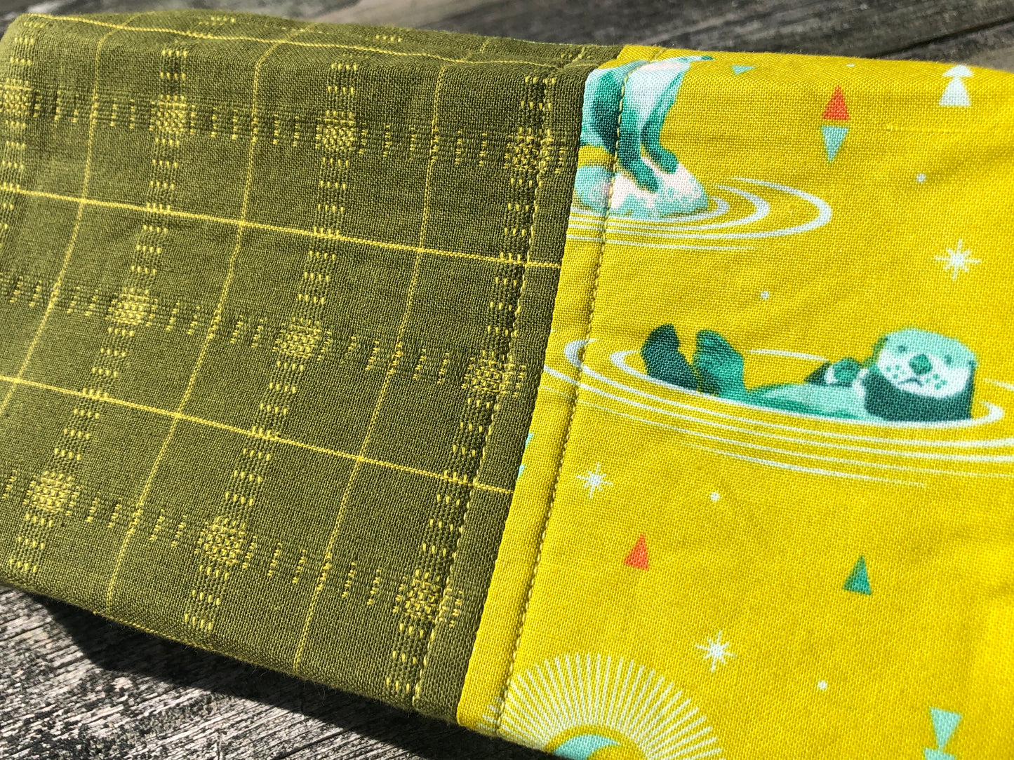 Handmade Structured Box Zipper Bag with Handle | Makeup, Toiletry & Pencil Case in Olive Green w/ Otters