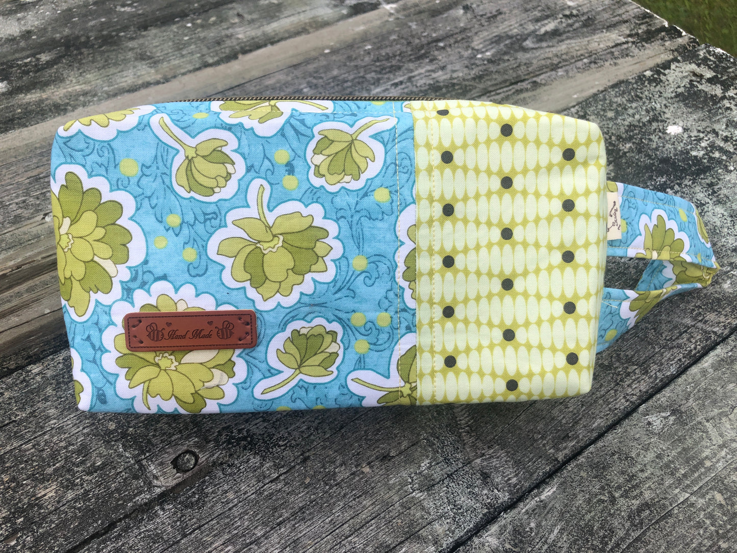 Handmade Structured Box Zipper Bag with Handle | Makeup, Toiletry & Pencil Case in Blue & Green Floral
