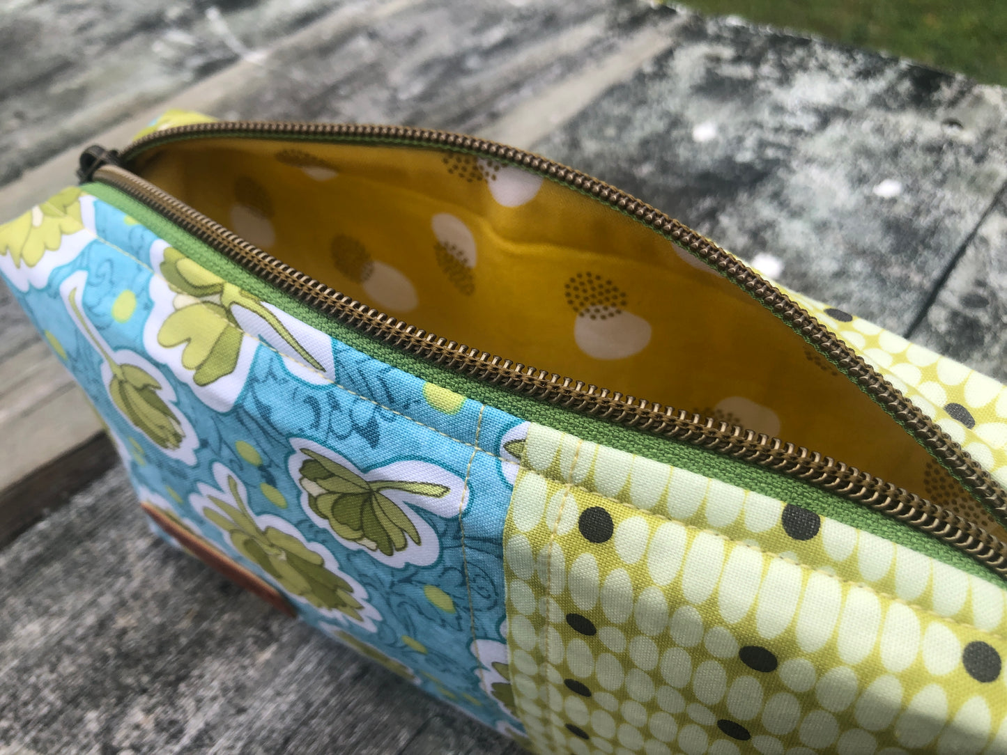 Handmade Structured Box Zipper Bag with Handle | Makeup, Toiletry & Pencil Case in Blue & Green Floral