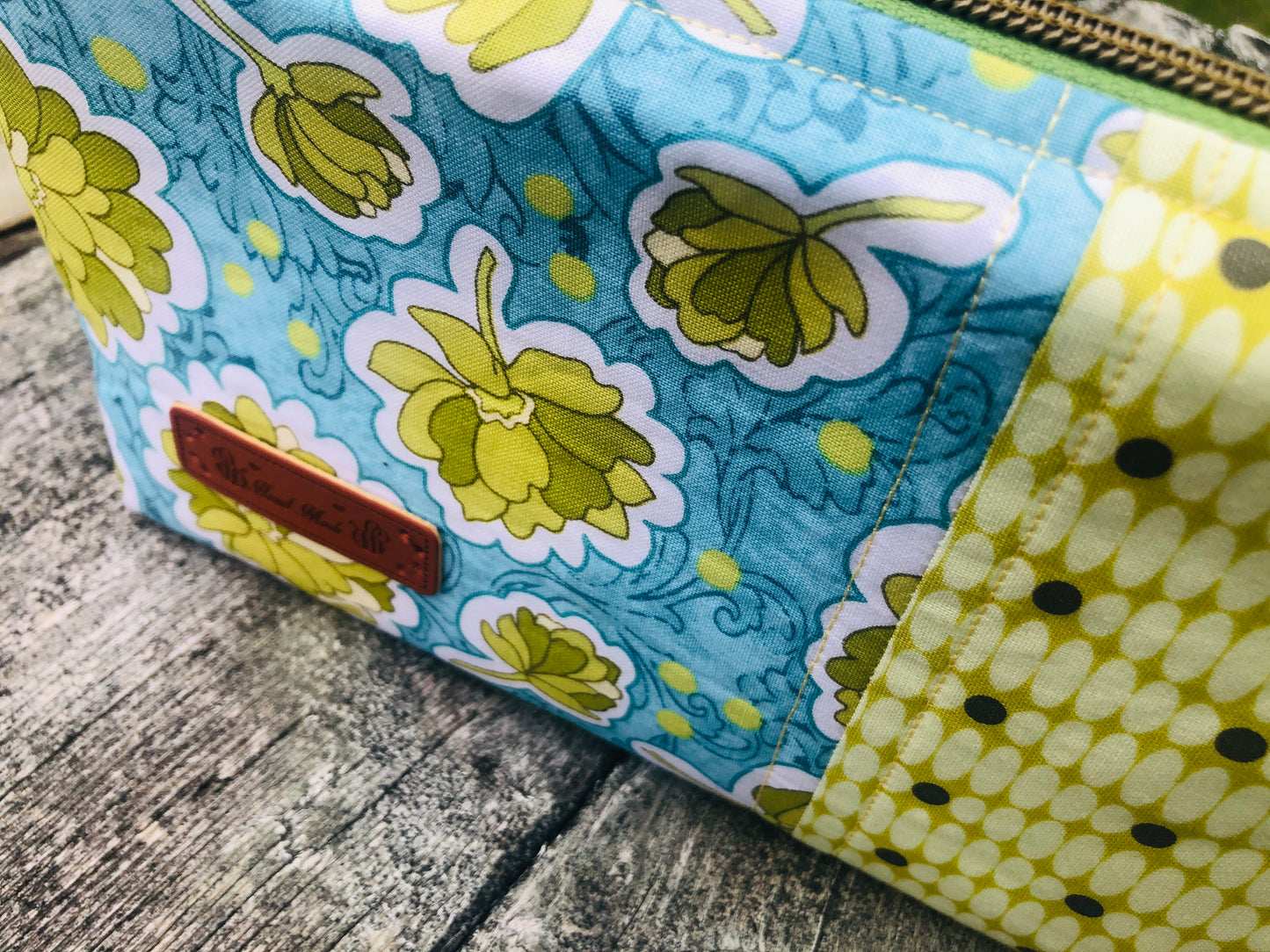Handmade Structured Box Zipper Bag with Handle | Makeup, Toiletry & Pencil Case in Blue & Green Floral