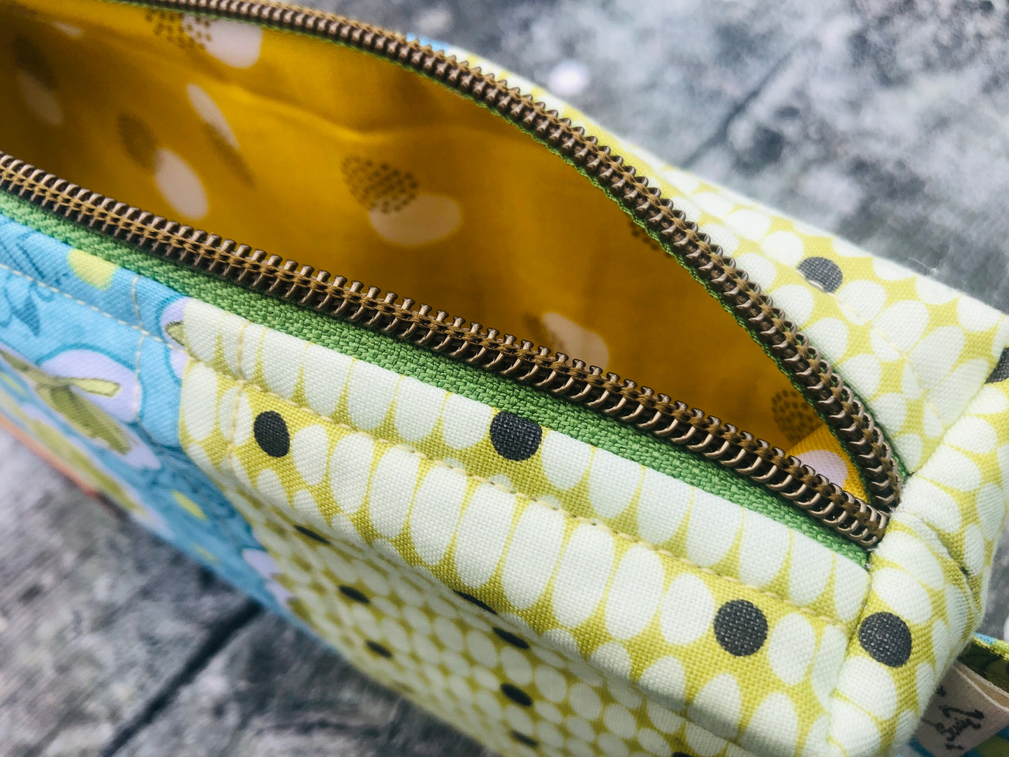 Handmade Structured Box Zipper Bag with Handle | Makeup, Toiletry & Pencil Case in Blue & Green Floral