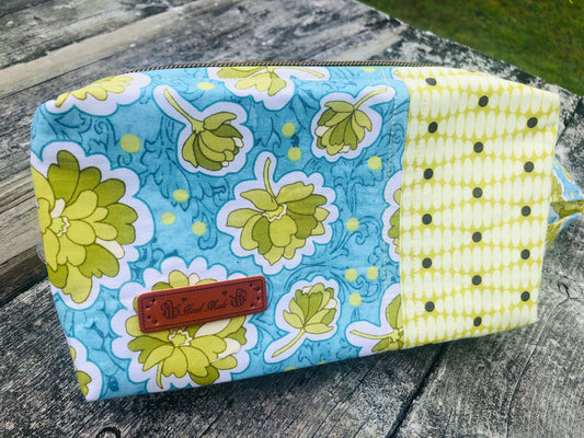 Handmade Structured Box Zipper Bag with Handle | Makeup, Toiletry & Pencil Case in Blue & Green Floral
