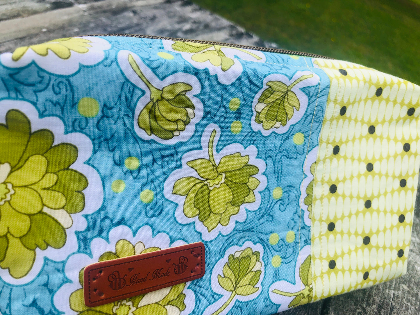 Handmade Structured Box Zipper Bag with Handle | Makeup, Toiletry & Pencil Case in Blue & Green Floral