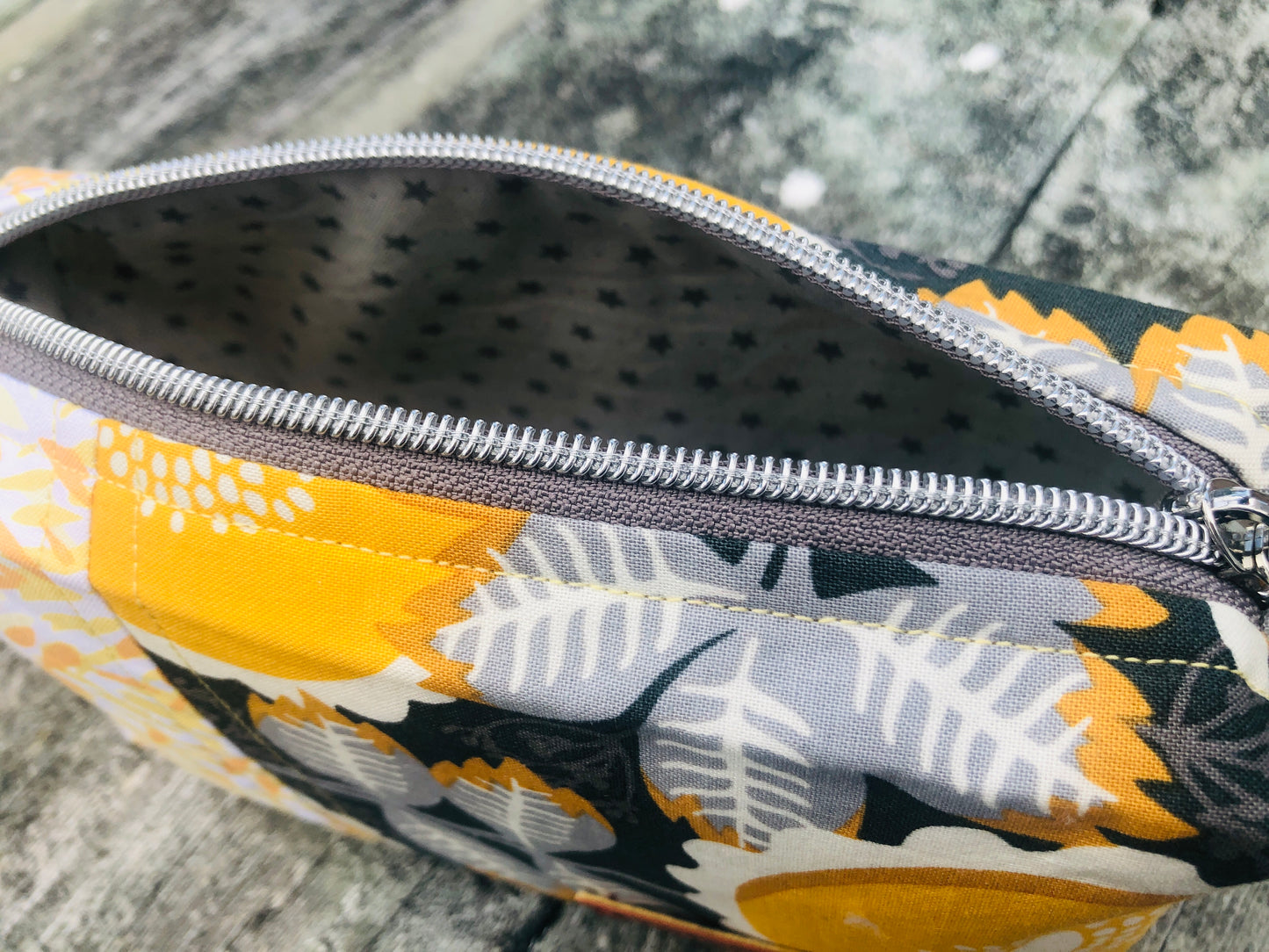 Handmade Structured Box Zipper Bag with Handle | Makeup, Toiletry & Pencil Case in Gray & Yellow Floral