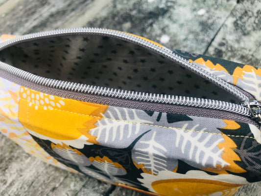 Handmade Structured Box Zipper Bag with Handle | Makeup, Toiletry & Pencil Case in Gray & Yellow Floral