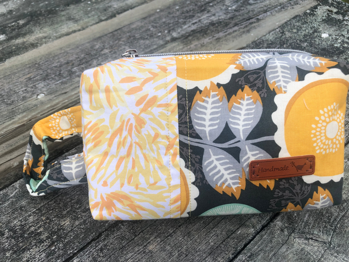 Handmade Structured Box Zipper Bag with Handle | Makeup, Toiletry & Pencil Case in Gray & Yellow Floral