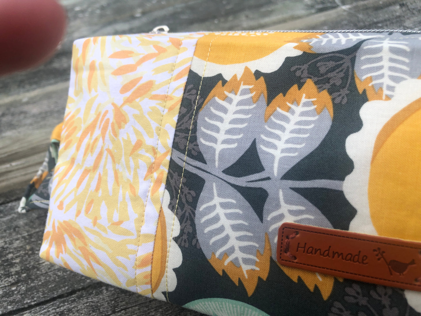 Handmade Structured Box Zipper Bag with Handle | Makeup, Toiletry & Pencil Case in Gray & Yellow Floral