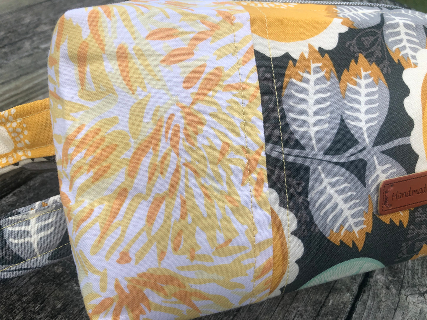Handmade Structured Box Zipper Bag with Handle | Makeup, Toiletry & Pencil Case in Gray & Yellow Floral
