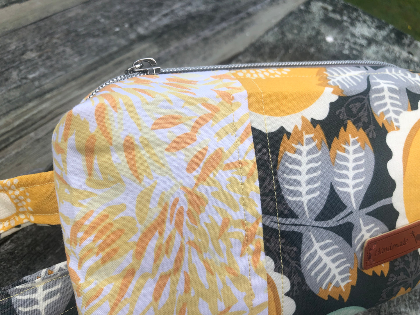 Handmade Structured Box Zipper Bag with Handle | Makeup, Toiletry & Pencil Case in Gray & Yellow Floral