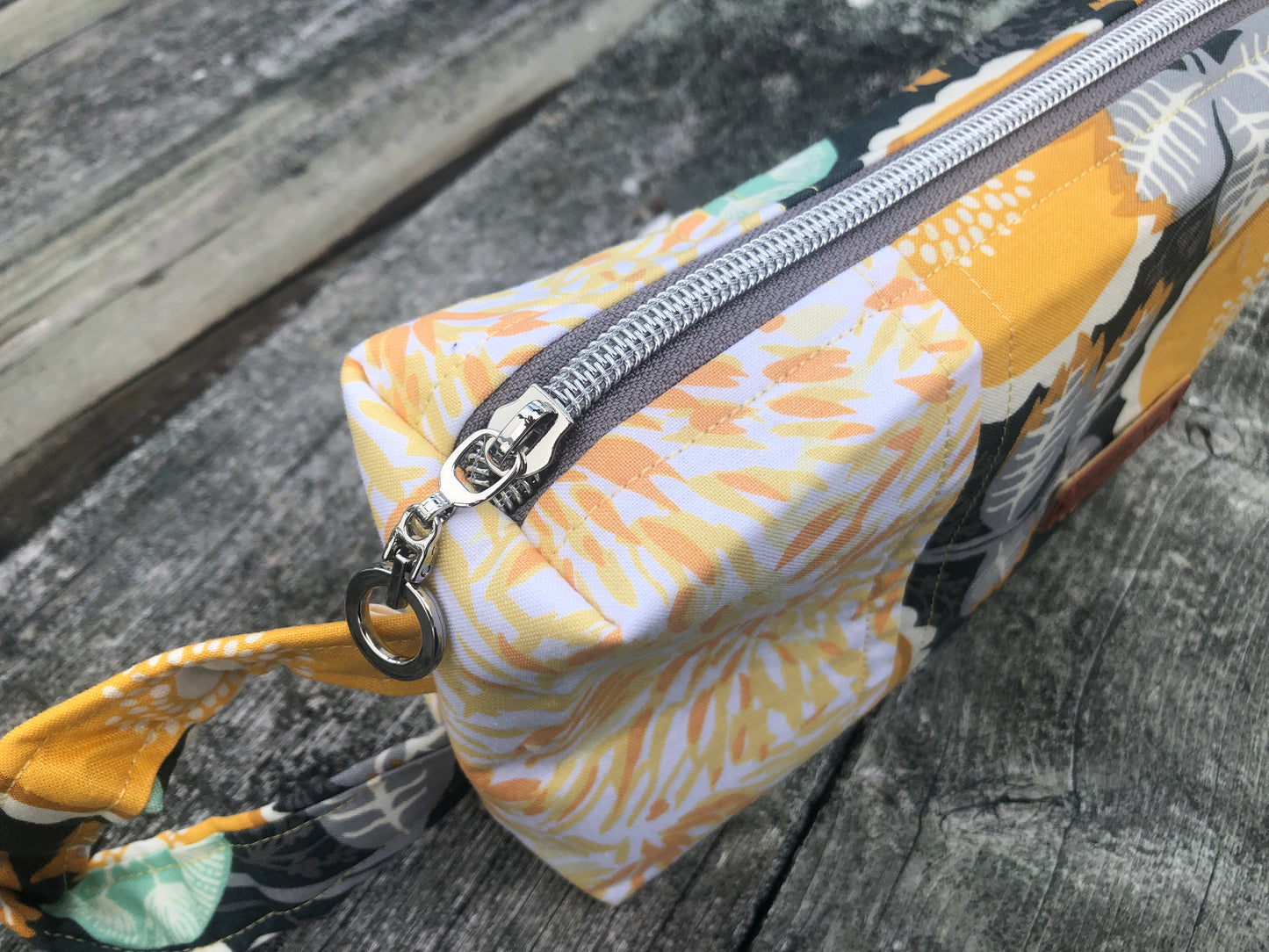 Handmade Structured Box Zipper Bag with Handle | Makeup, Toiletry & Pencil Case in Gray & Yellow Floral