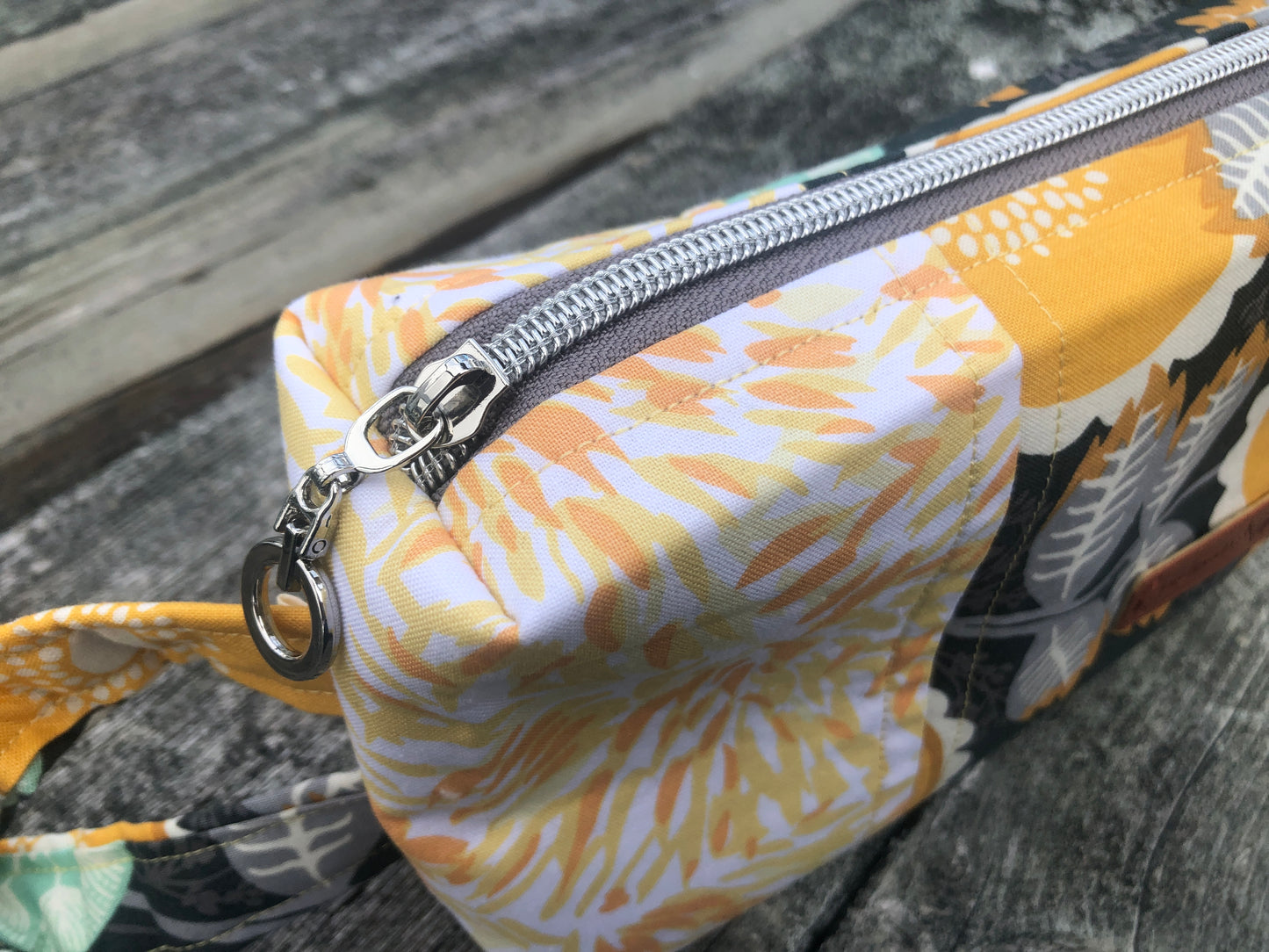 Handmade Structured Box Zipper Bag with Handle | Makeup, Toiletry & Pencil Case in Gray & Yellow Floral