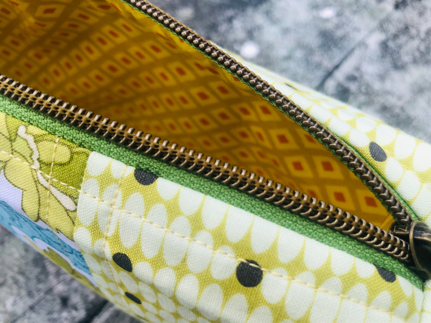 Handmade Structured Box Zipper Bag with Handle | Makeup, Toiletry & Pencil Case in Blue & Green Floral