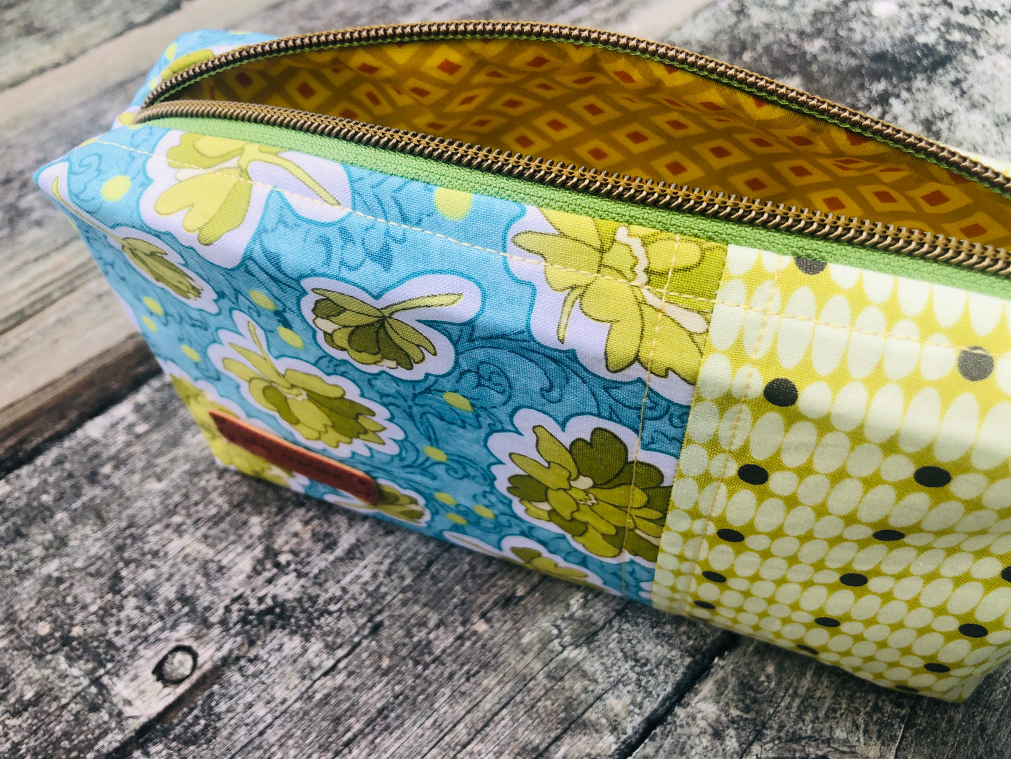Handmade Structured Box Zipper Bag with Handle | Makeup, Toiletry & Pencil Case in Blue & Green Floral
