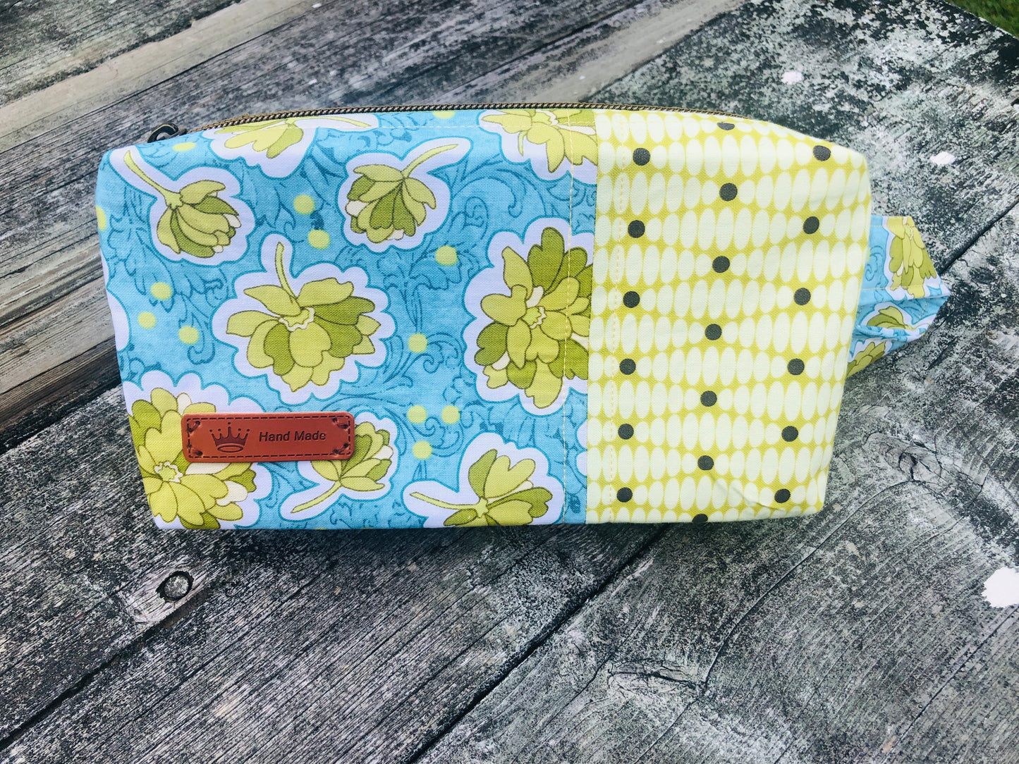 Handmade Structured Box Zipper Bag with Handle | Makeup, Toiletry & Pencil Case in Blue & Green Floral