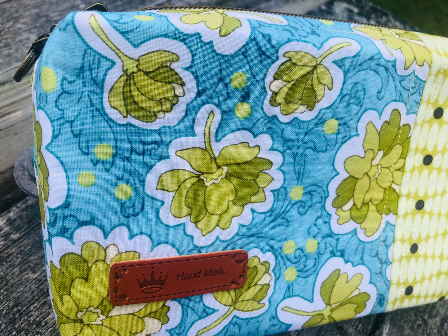 Handmade Structured Box Zipper Bag with Handle | Makeup, Toiletry & Pencil Case in Blue & Green Floral