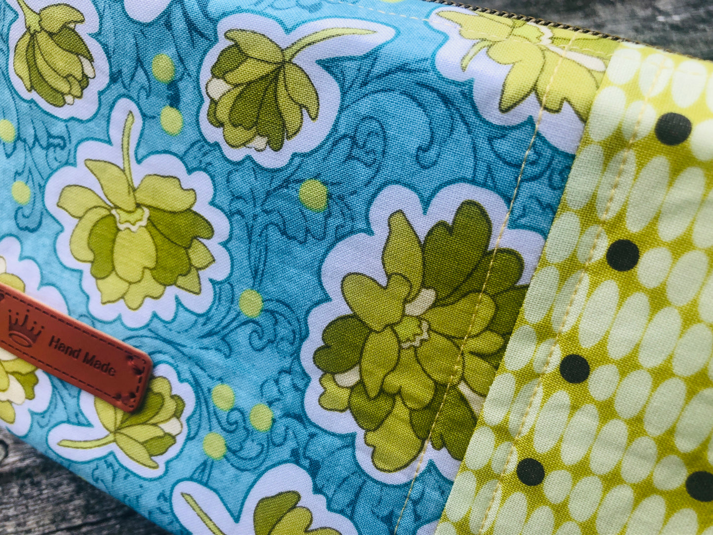 Handmade Structured Box Zipper Bag with Handle | Makeup, Toiletry & Pencil Case in Blue & Green Floral