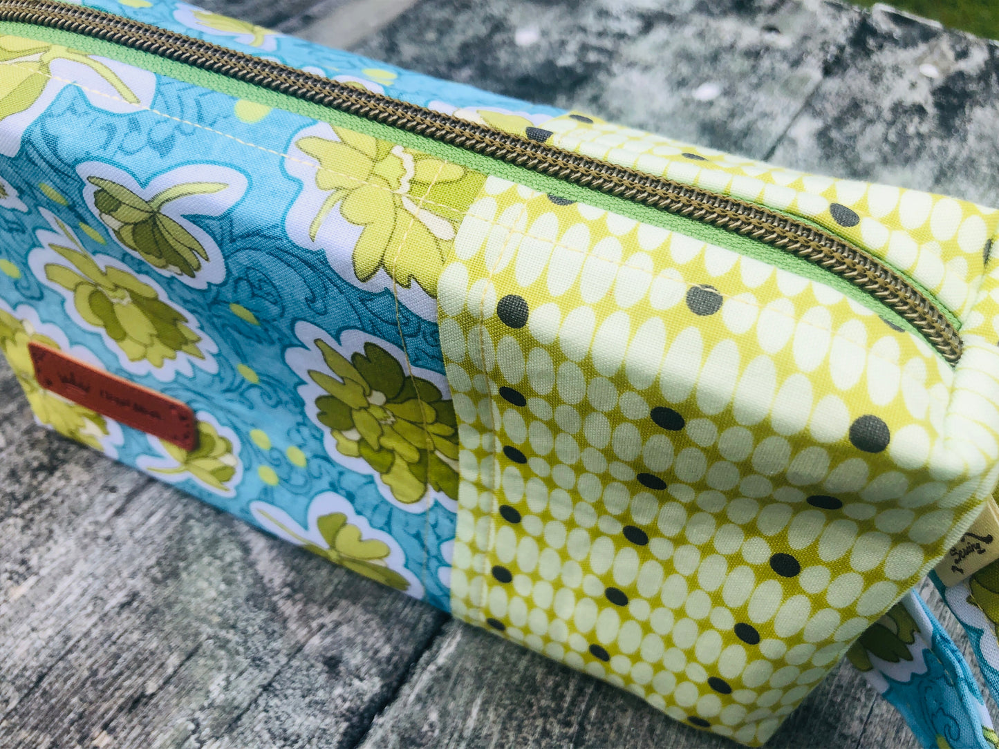 Handmade Structured Box Zipper Bag with Handle | Makeup, Toiletry & Pencil Case in Blue & Green Floral