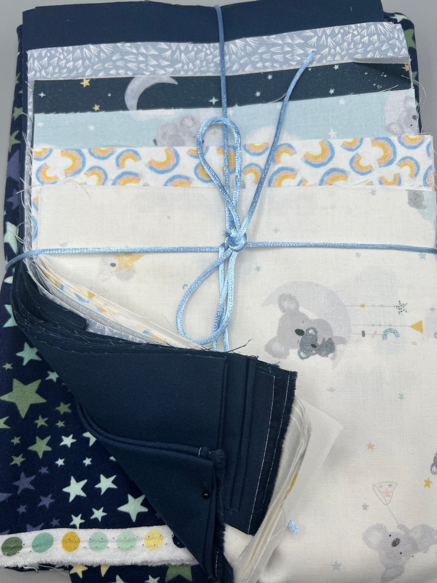 "Squash Blossom" Pre-Cut Baby Quilt Kit in Navy, Blue, and White Koala design / Original Pattern by Lorna Costantini