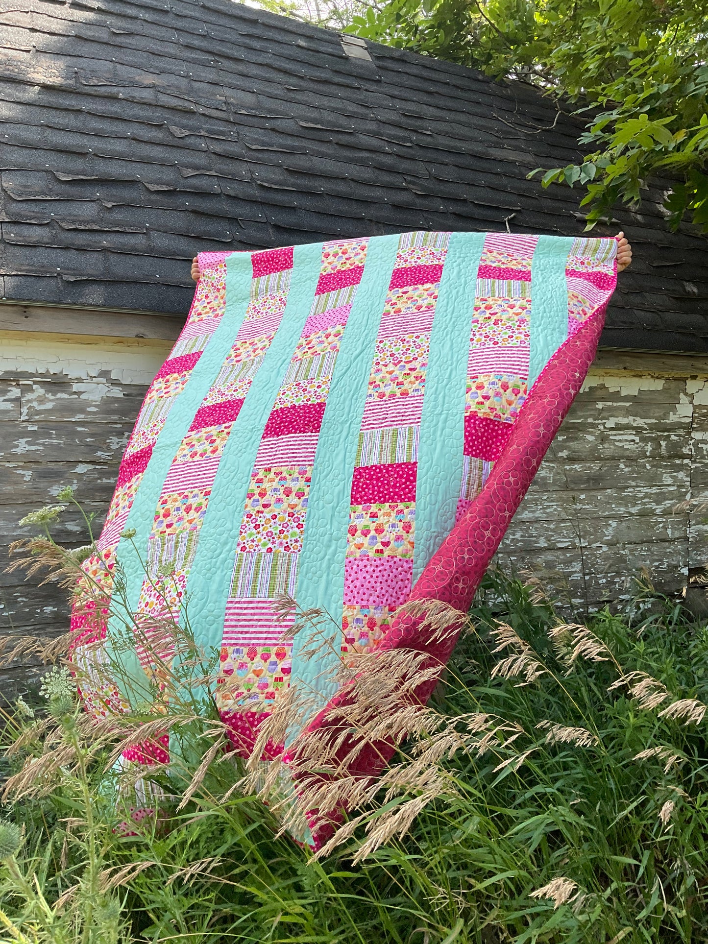 Cupcakes & Flowers /  Modern Handmade Twin Size Quilt 52” x 78”