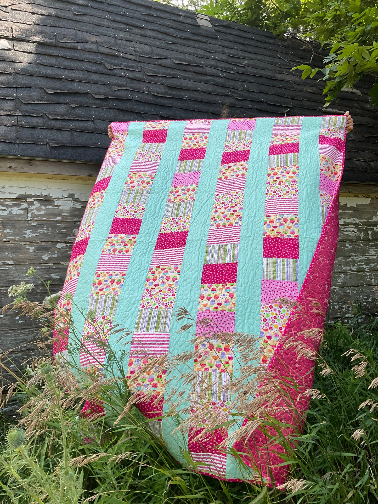 Cupcakes & Flowers /  Modern Handmade Twin Size Quilt 52” x 78”
