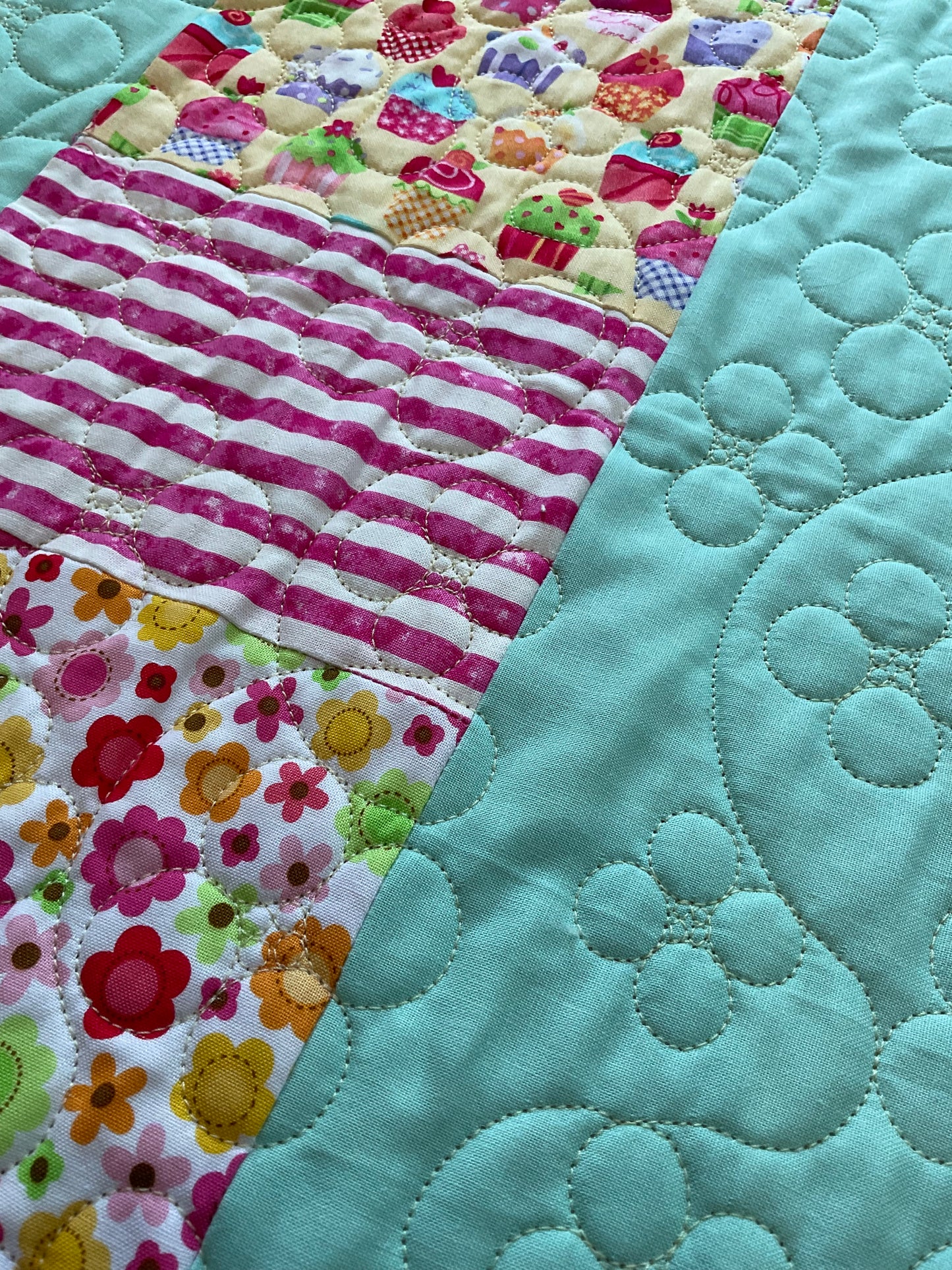 Cupcakes & Flowers /  Modern Handmade Twin Size Quilt 52” x 78”