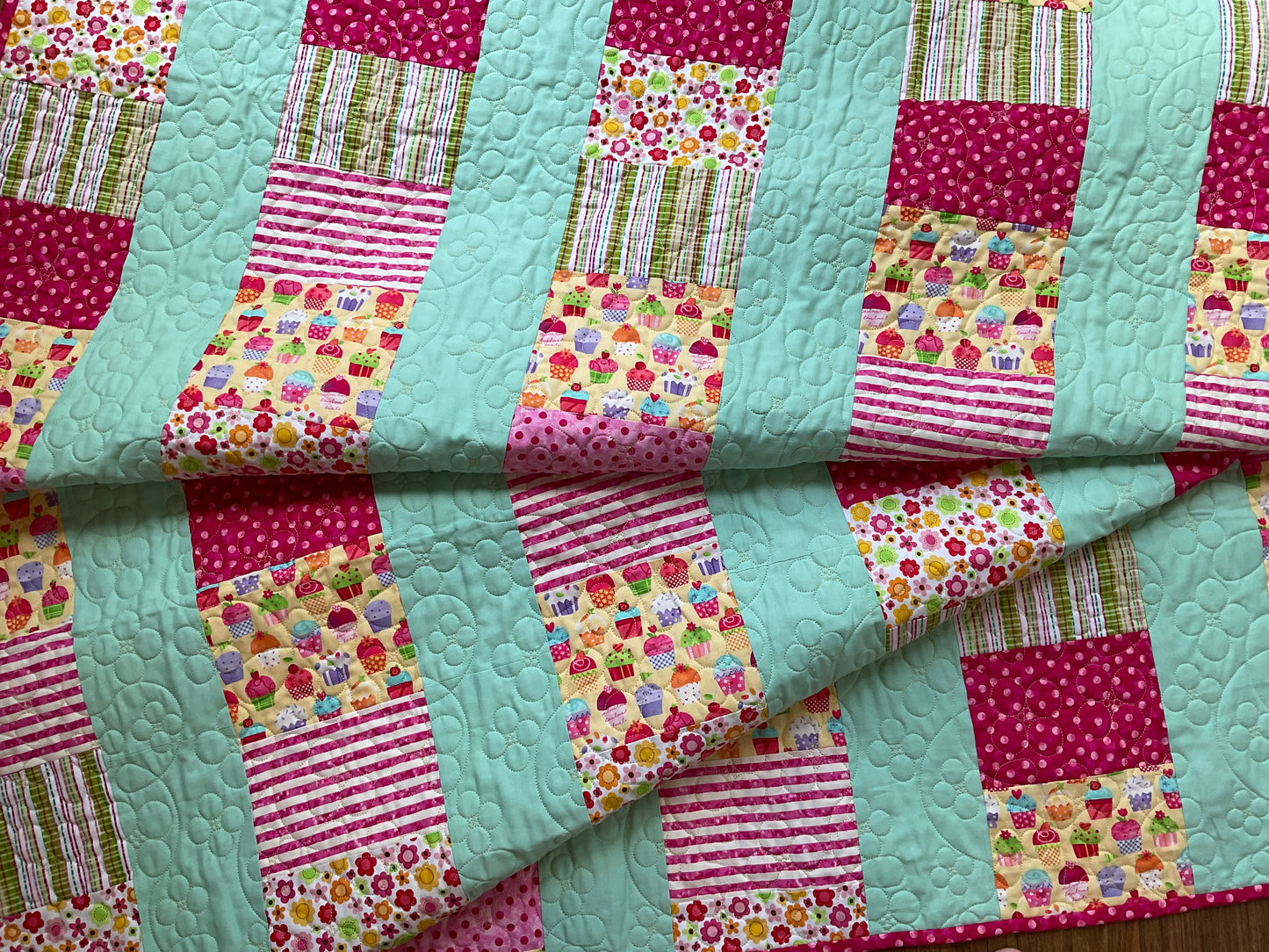 Cupcakes & Flowers /  Modern Handmade Twin Size Quilt 52” x 78”