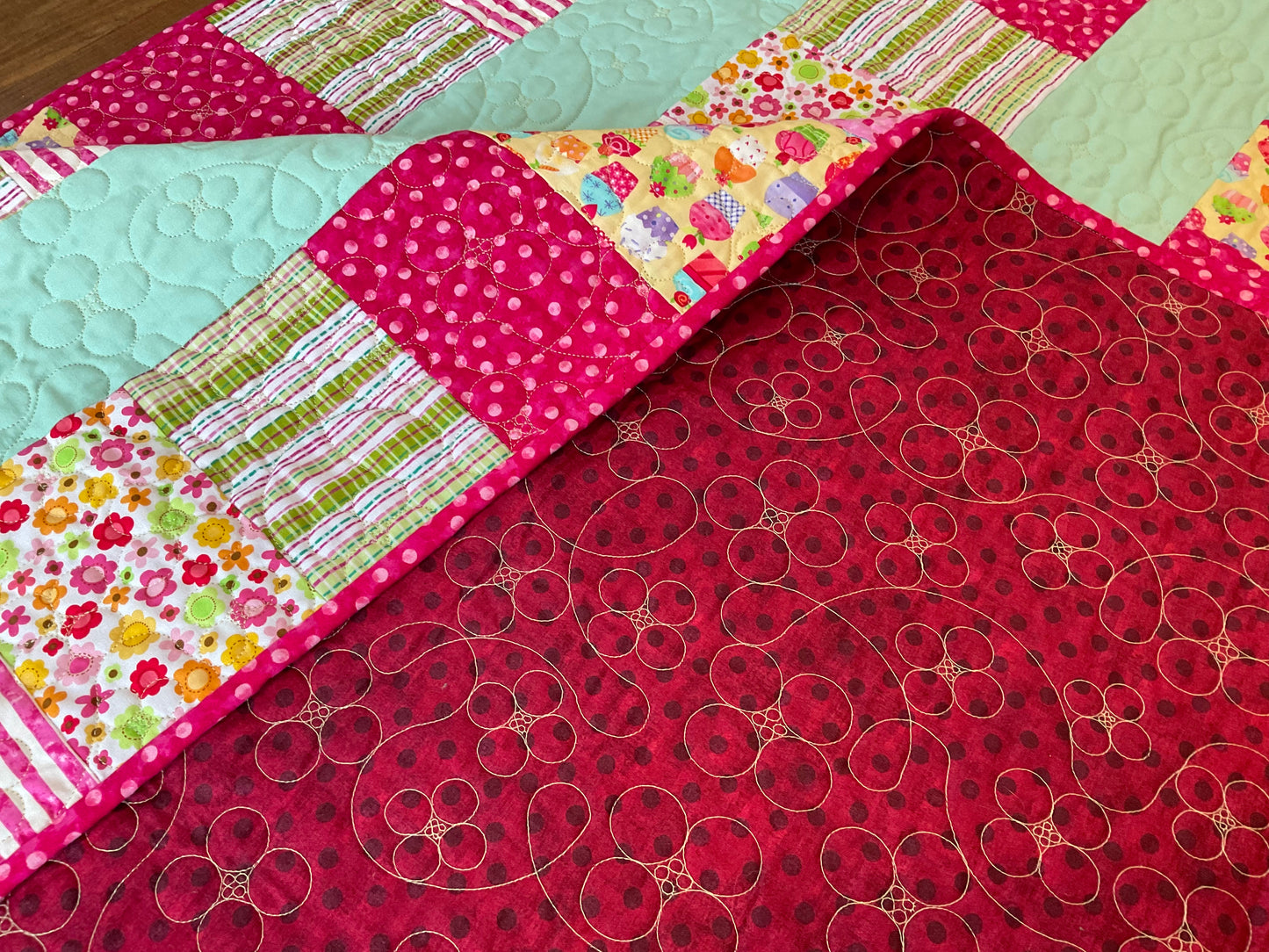 Cupcakes & Flowers /  Modern Handmade Twin Size Quilt 52” x 78”