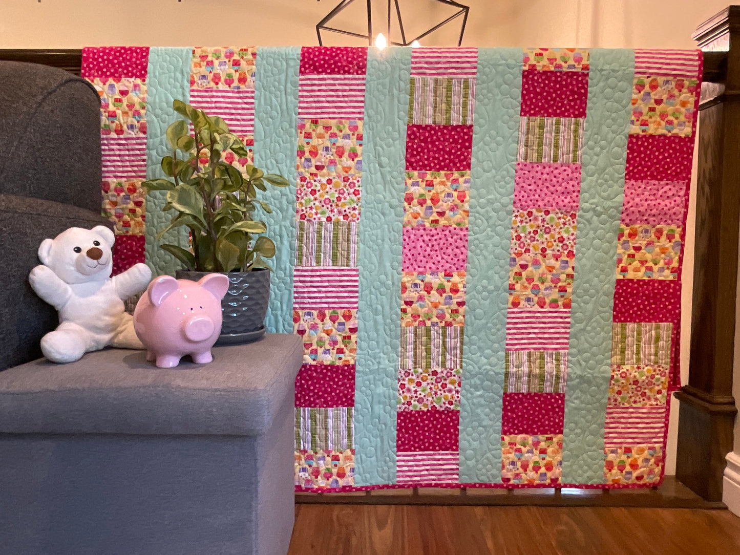 Cupcakes & Flowers /  Modern Handmade Twin Size Quilt 52” x 78”