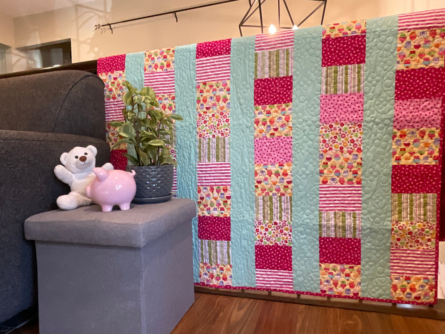 Cupcakes & Flowers /  Modern Handmade Twin Size Quilt 52” x 78”