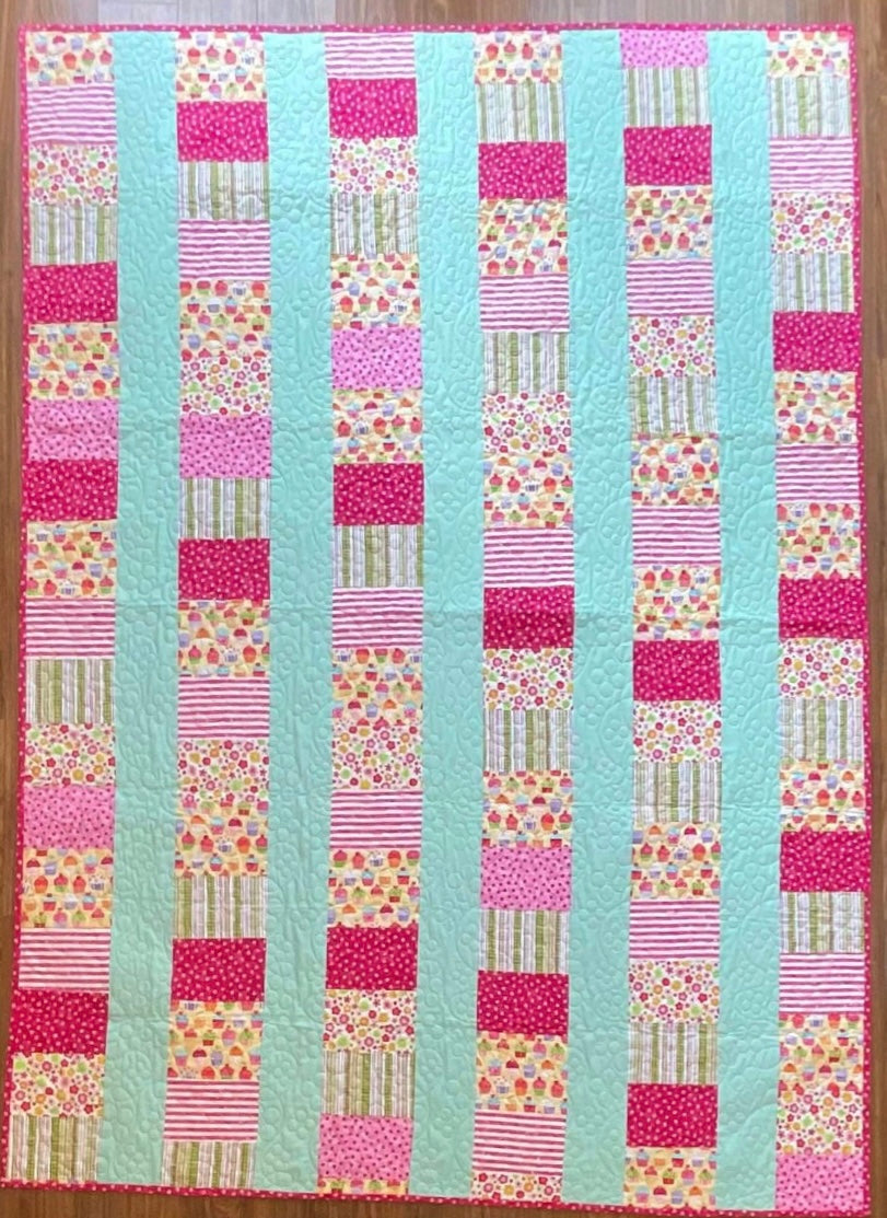 Cupcakes & Flowers /  Modern Handmade Twin Size Quilt 52” x 78”