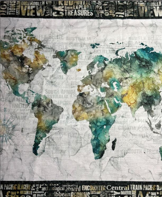 World Map Tote Bag Fabric Panel: Khaki, Black, Green - Northcott