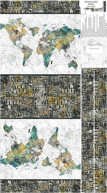 World Map Tote Bag Fabric Panel: Khaki, Black, Green - Northcott