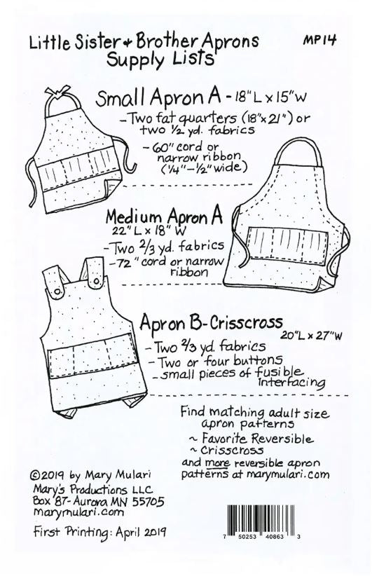 Little Sister and Brother Apron Pattern by Mary Mulari