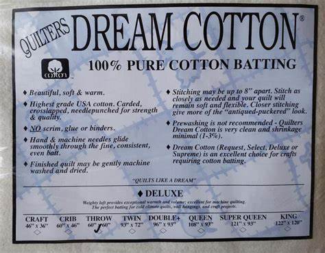 Quilters Dream 100% Cotton Deluxe Batting  - Throw Size 60" x 60" / Natural