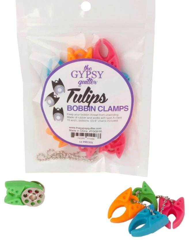 Tulip Bobbin Clamp Bag 12pc by the Gypsy Quilter Valdani perle cotton size 12 thread spool for quilting and embroidery